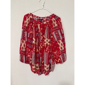 Chaps Red Patchwork Print Western Blouse XL Americana Raglan Sleeve
